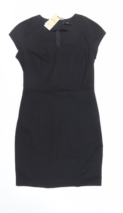 Mango Womens Black Cotton Pencil Dress Size L V-Neck Zip