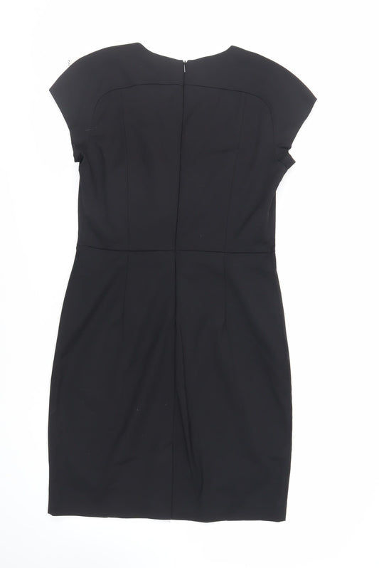 Mango Womens Black Cotton Pencil Dress Size L V-Neck Zip