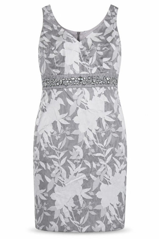 Front view of Kaliko women’s grey floral polyester shirt dress, size UK 14, v-neck zip