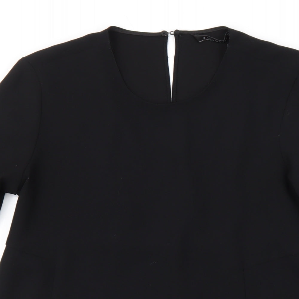 Zara Womens Black Polyester A-Line Size S Round Neck Button