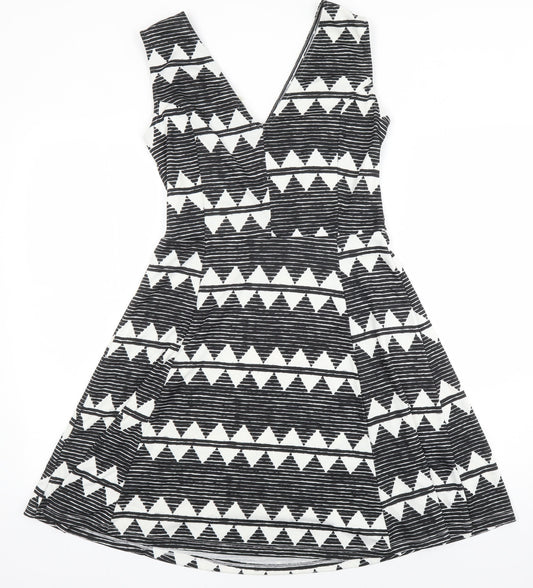H&M Womens Multicoloured Geometric Polyester A-Line Size M V-Neck