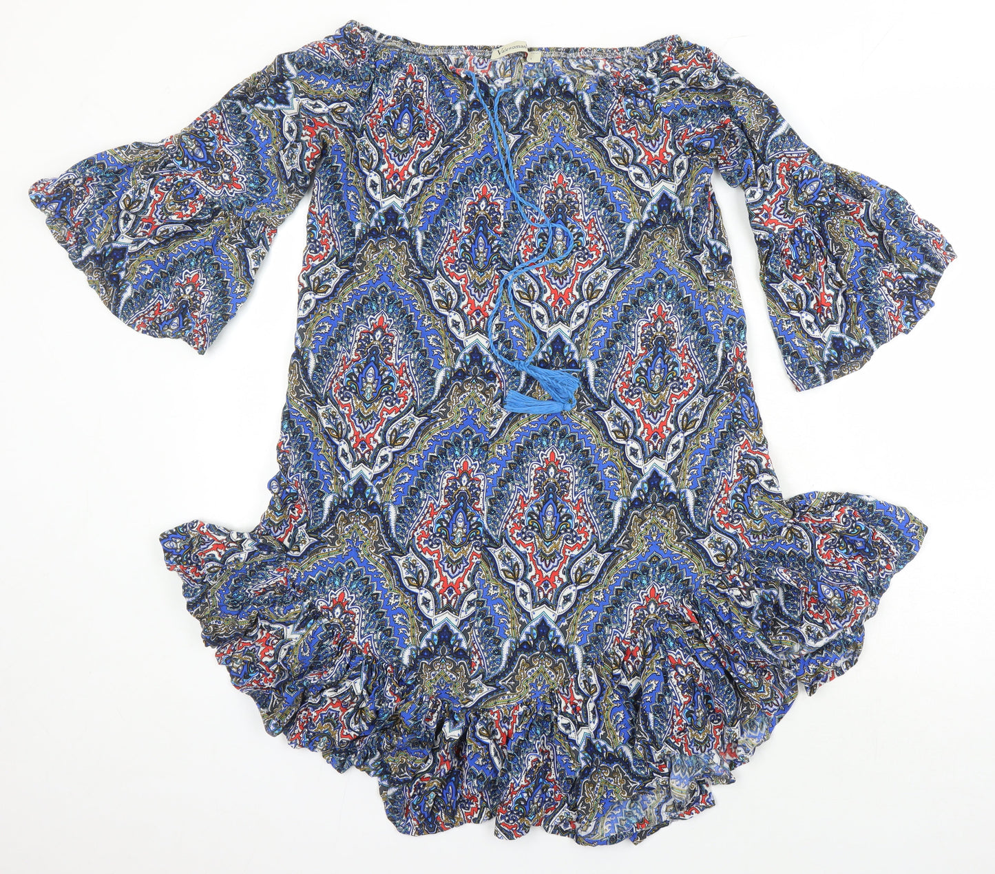 Vale Woman Womens Multicoloured Geometric Viscose Tunic Blouse Size S Round Neck