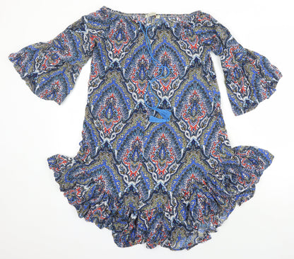 Vale Woman Womens Multicoloured Geometric Viscose Tunic Blouse Size S Round Neck