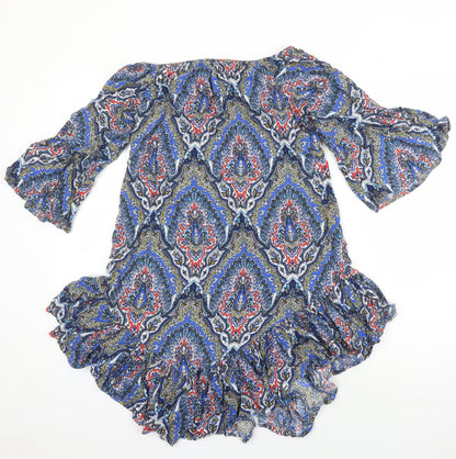 Vale Woman Womens Multicoloured Geometric Viscose Tunic Blouse Size S Round Neck