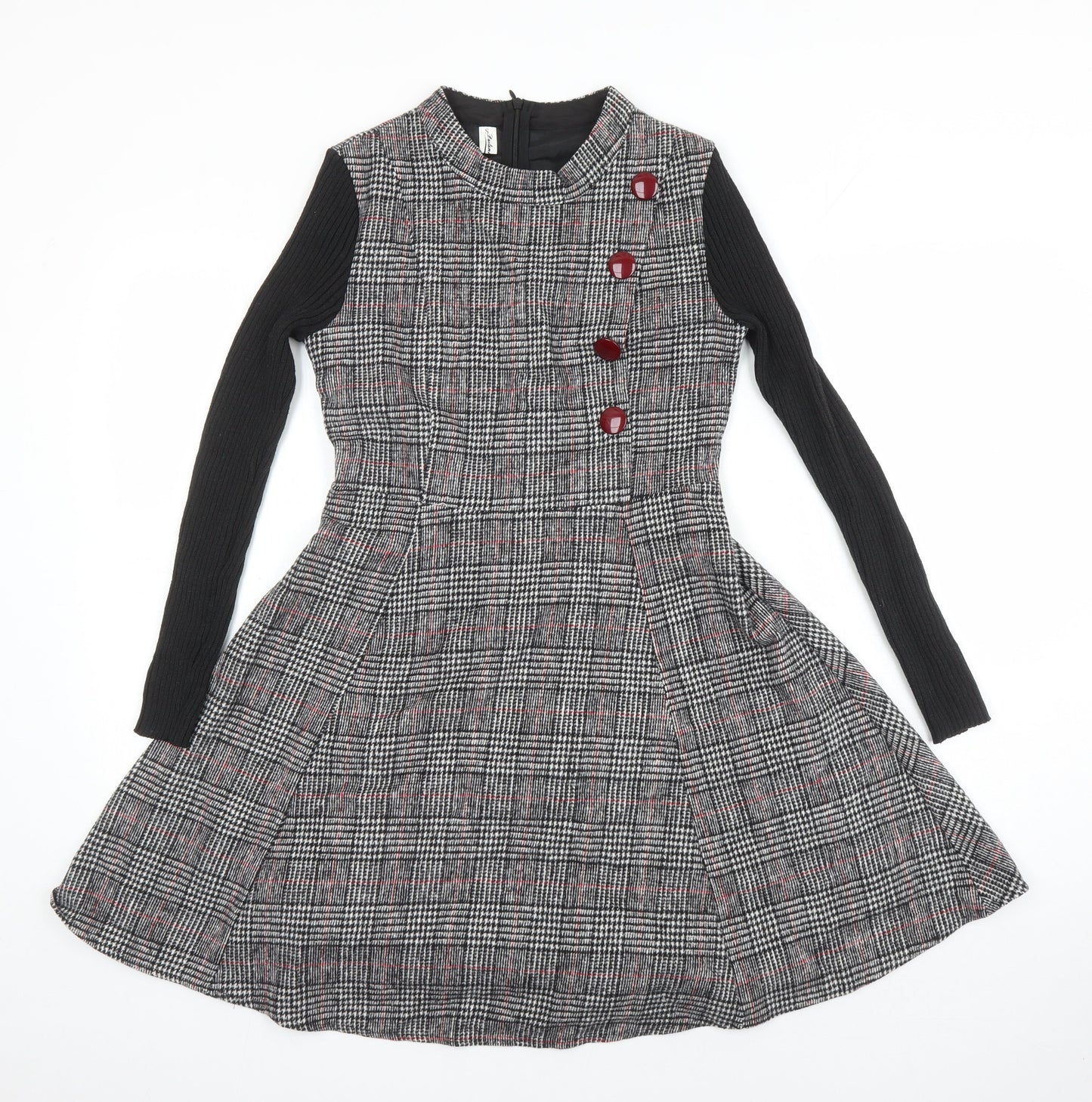 Duo Lamei Deiss Womens Multicoloured Check Polyester Blend A-Line Size S Round Neck