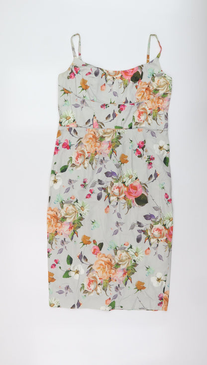 ASOS Womens Multicoloured Floral Cotton Sheath Size 16 Round Neck Zip