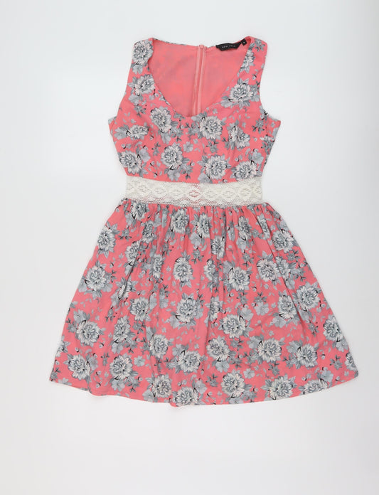 New Look Womens Pink Floral Polyester A-Line Size 8 V-Neck Zip