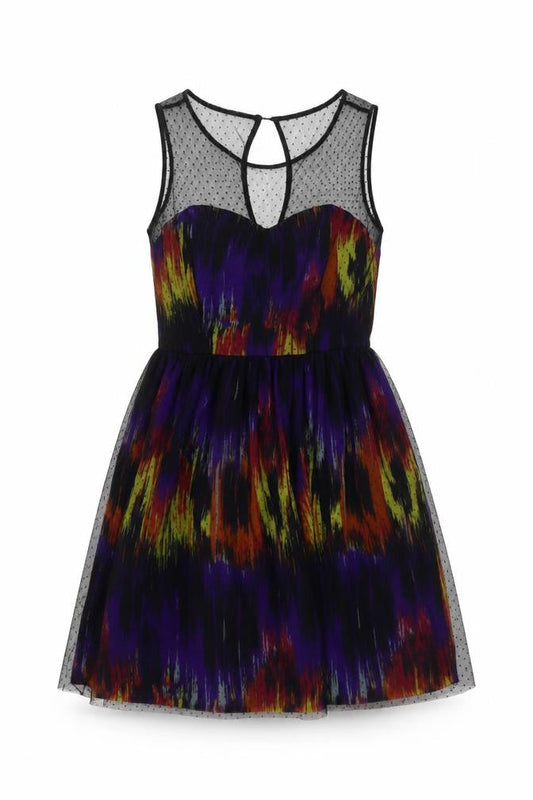 Front view of Be Beau women’s multicoloured geometric polyester a-line, size UK 12, round neck zip
