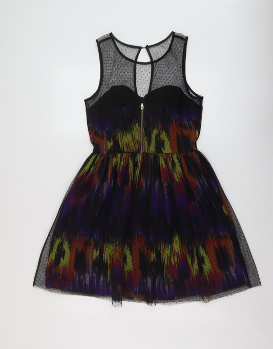 Be Beau Womens Multicoloured Geometric Polyester A-Line Size 12 Round Neck Zip