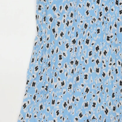 Topshop Womens Blue Floral Viscose A-Line Size 8 Mock Neck Button