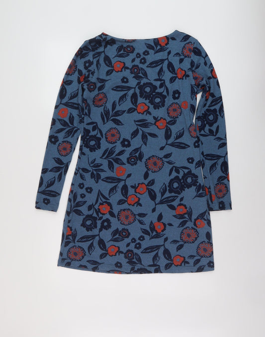 Lily & Me Womens Blue Floral Polyester A-Line Size 8 Round Neck Pullover