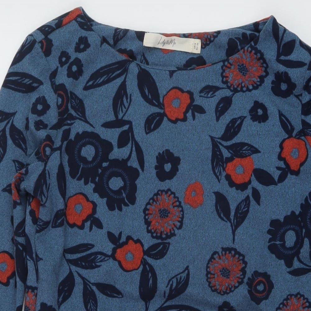 Lily & Me Womens Blue Floral Polyester A-Line Size 8 Round Neck Pullover