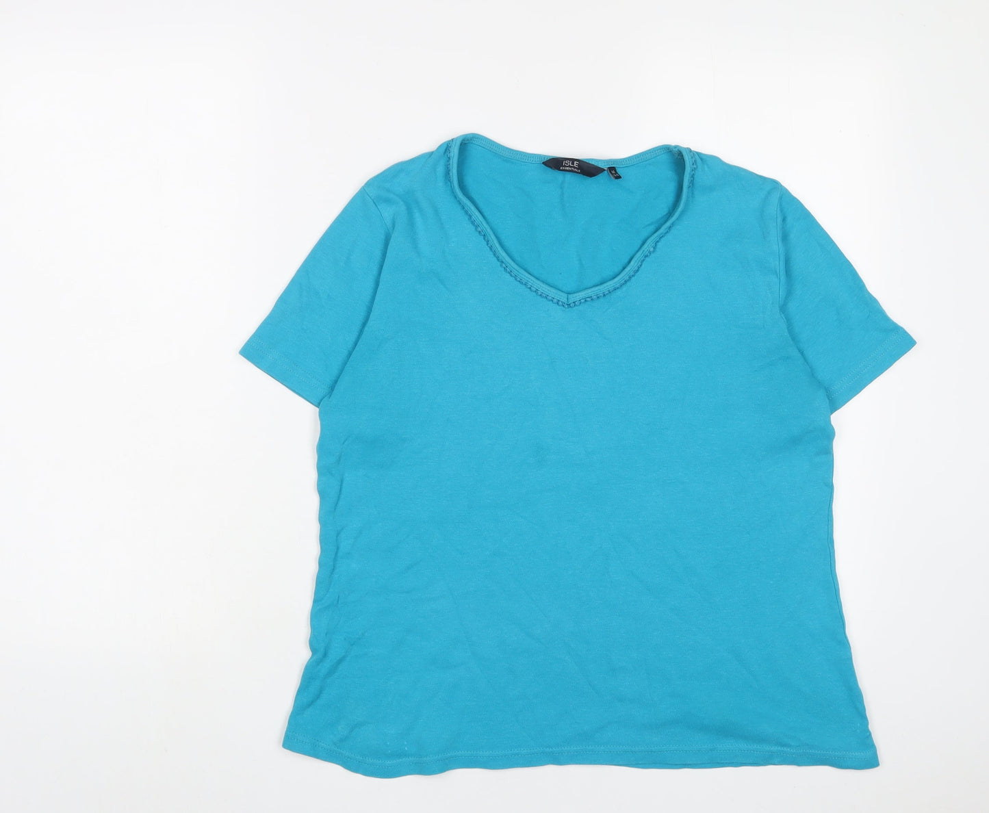 EWM Womens Blue Cotton Basic T-Shirt Size 14 V-Neck - Embroidered