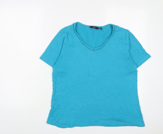 EWM Womens Blue Cotton Basic T-Shirt Size 14 V-Neck - Embroidered