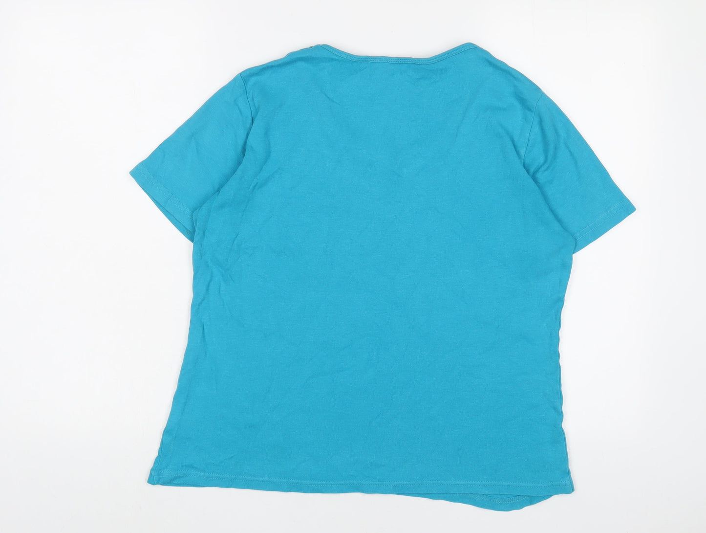 EWM Womens Blue Cotton Basic T-Shirt Size 14 V-Neck - Embroidered
