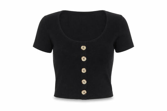 Front view of ASOS women’s black cotton basic t-shirt, size UK 8, scoop neck - buttons