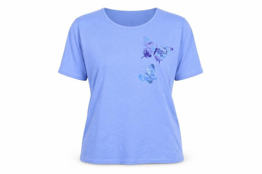 Front view of Anne De Lancay women’s blue cotton basic t-shirt, size UK 14, crew neck - 14/16