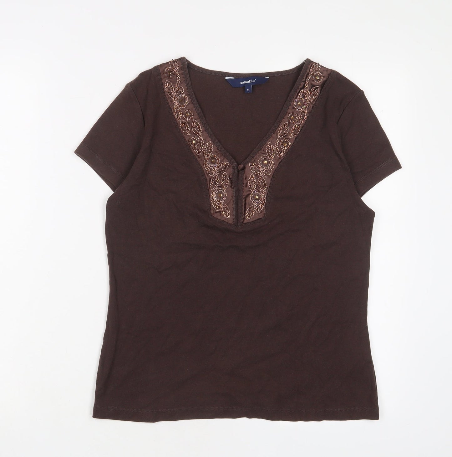 Womens UK Size 14 Casual Club Brown Basic T-Shirt