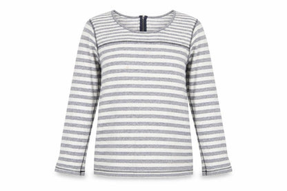Front view of Paraphase women’s blue striped cotton basic t-shirt, size L, scoop neck
