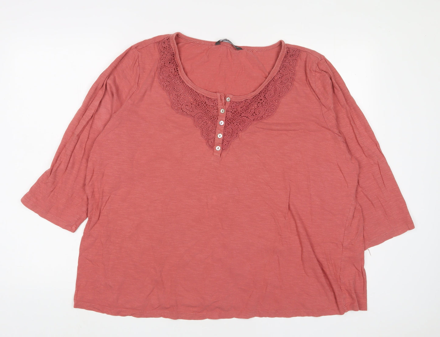 Bonmarché Womens Pink Cotton Basic T-Shirt Size 24 V-Neck - Embroidered