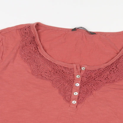 Bonmarché Womens Pink Cotton Basic T-Shirt Size 24 V-Neck - Embroidered