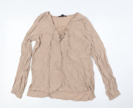 FOREVER 21 Womens Beige Viscose Basic Button-Up Size S Boat Neck