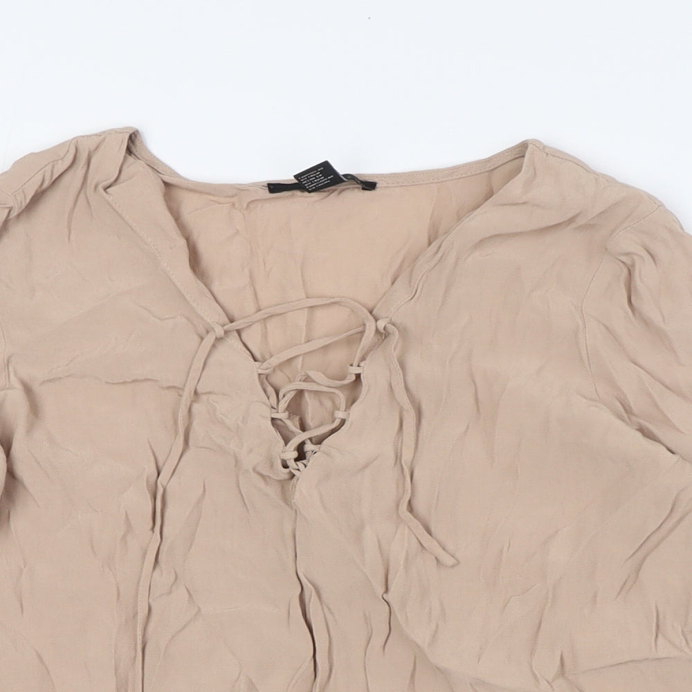 FOREVER 21 Womens Beige Viscose Basic Button-Up Size S Boat Neck