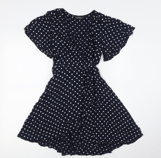Miss Selfridge Womens Blue Polka Dot Viscose Wrap Dress Size 8 V-Neck Tie