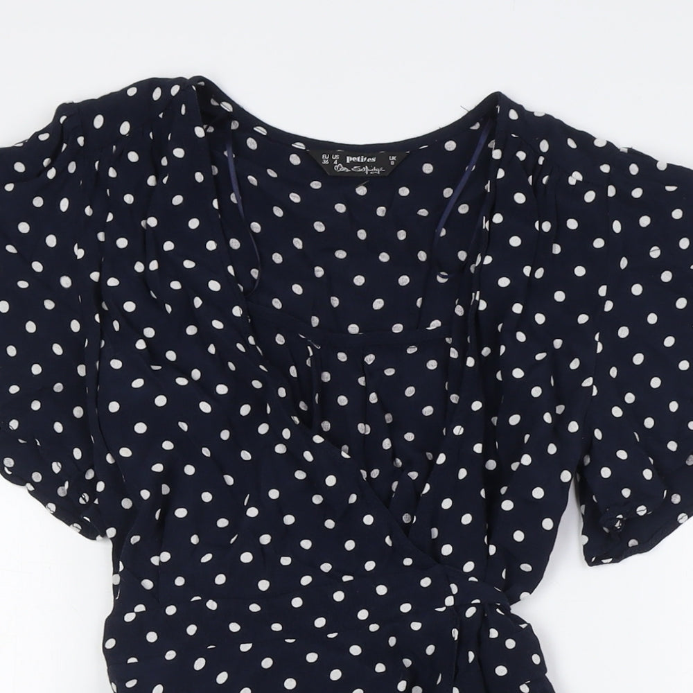 Miss Selfridge Womens Blue Polka Dot Viscose Wrap Dress Size 8 V-Neck Tie