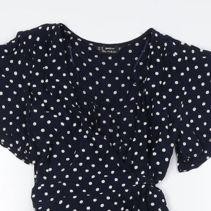 Miss Selfridge Womens Blue Polka Dot Viscose Wrap Dress Size 8 V-Neck Tie