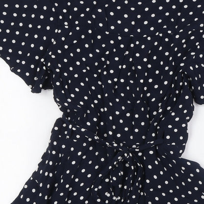 Miss Selfridge Womens Blue Polka Dot Viscose Wrap Dress Size 8 V-Neck Tie