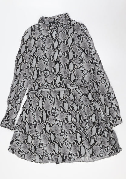 Select Womens Grey Animal Print Viscose A-Line Size 16 Collared Button - Belted