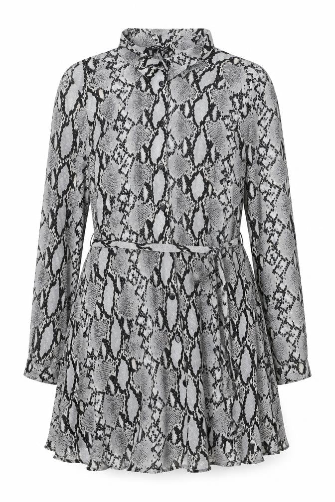 Select Womens Grey Animal Print Viscose A-Line Size 16 Collared Button - Belted