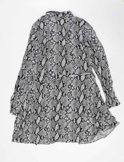 Select Womens Grey Animal Print Viscose A-Line Size 16 Collared Button - Belted