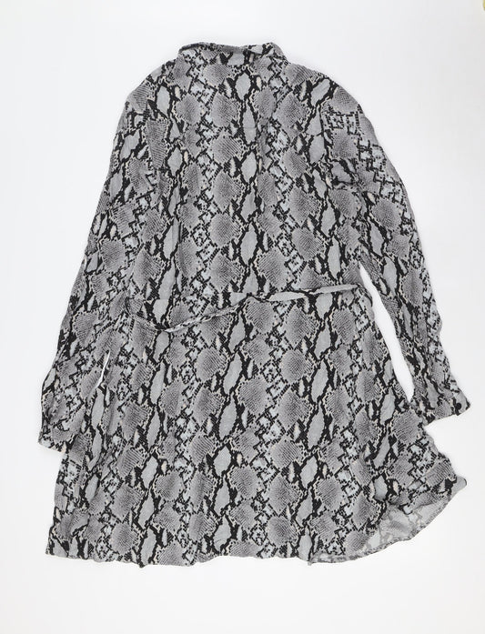 Select Womens Grey Animal Print Viscose A-Line Size 16 Collared Button - Belted