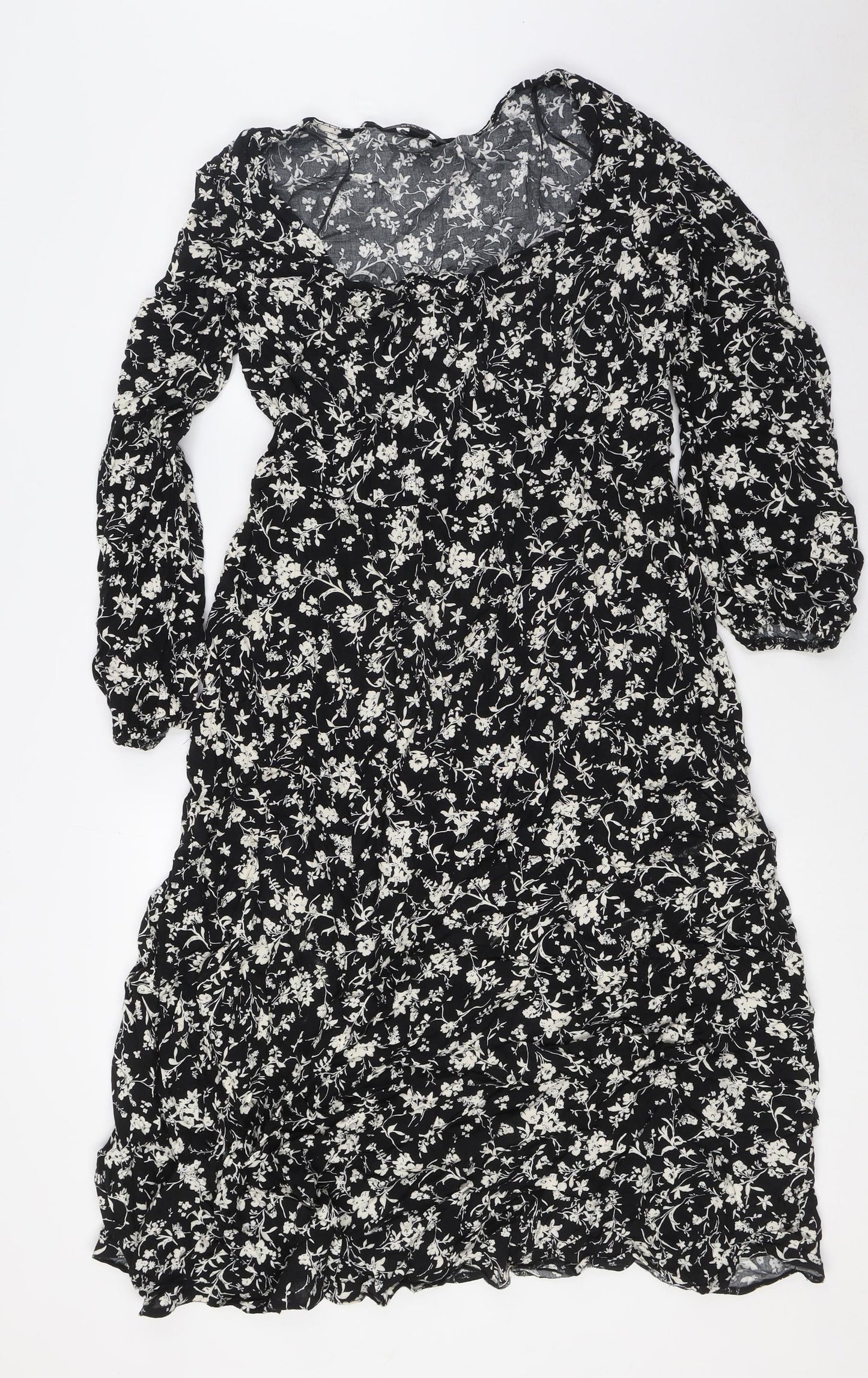 New Look Womens Black Floral Viscose A-Line Size 16 Scoop Neck Zip