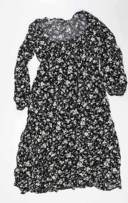 New Look Womens Black Floral Viscose A-Line Size 16 Scoop Neck Zip
