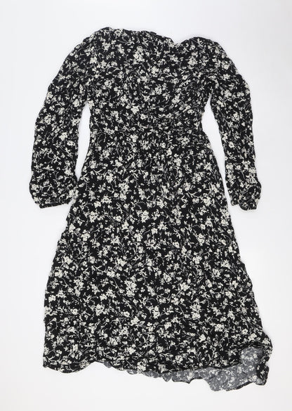 New Look Womens Black Floral Viscose A-Line Size 16 Scoop Neck Zip