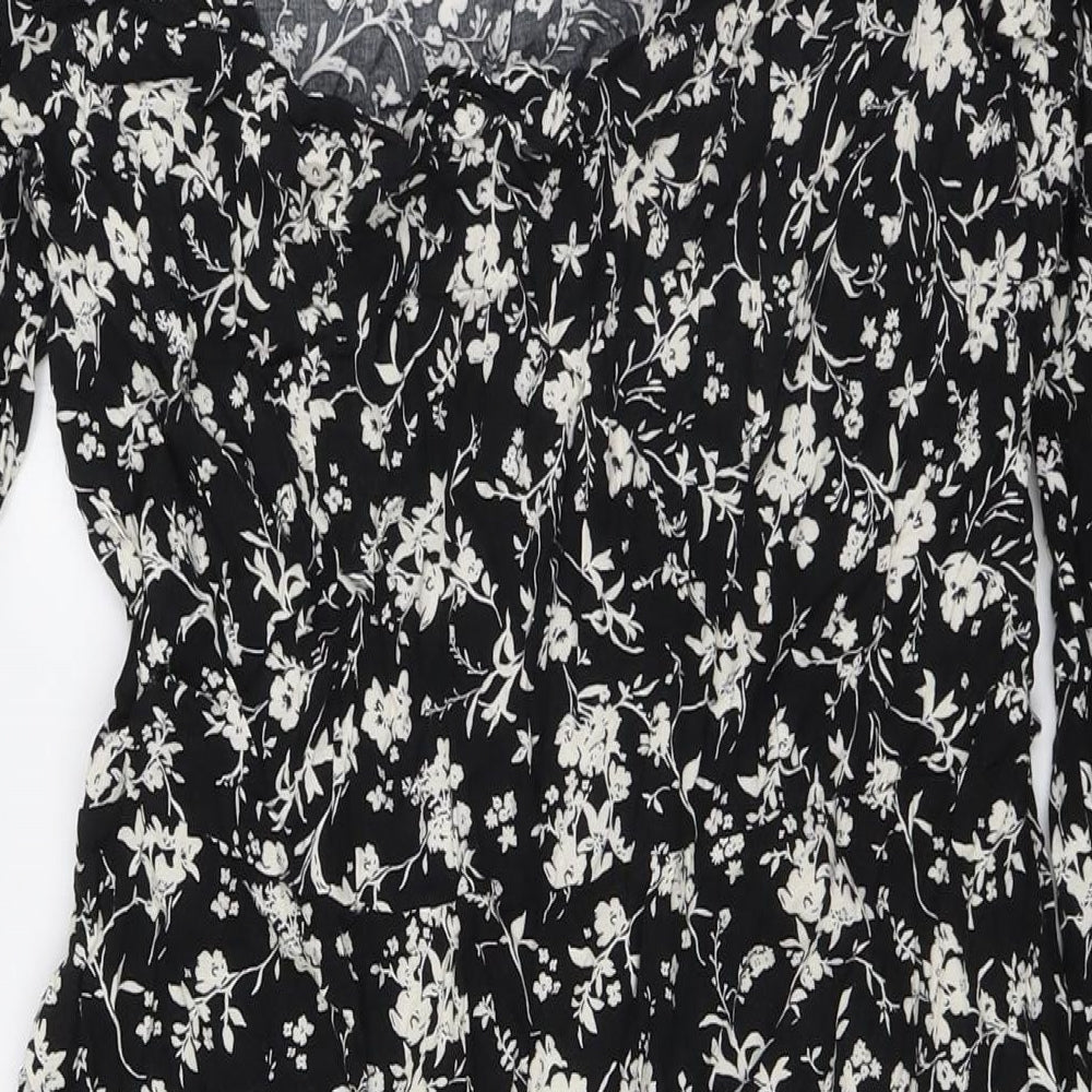 New Look Womens Black Floral Viscose A-Line Size 16 Scoop Neck Zip
