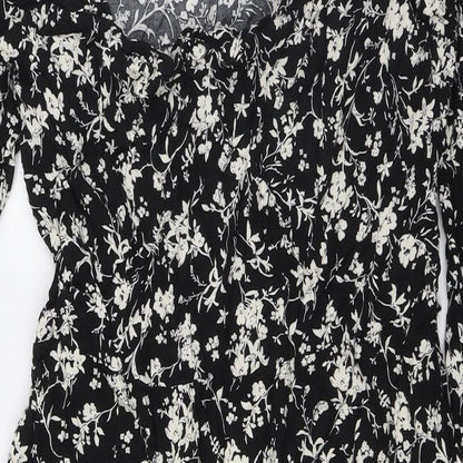New Look Womens Black Floral Viscose A-Line Size 16 Scoop Neck Zip