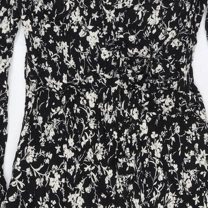New Look Womens Black Floral Viscose A-Line Size 16 Scoop Neck Zip