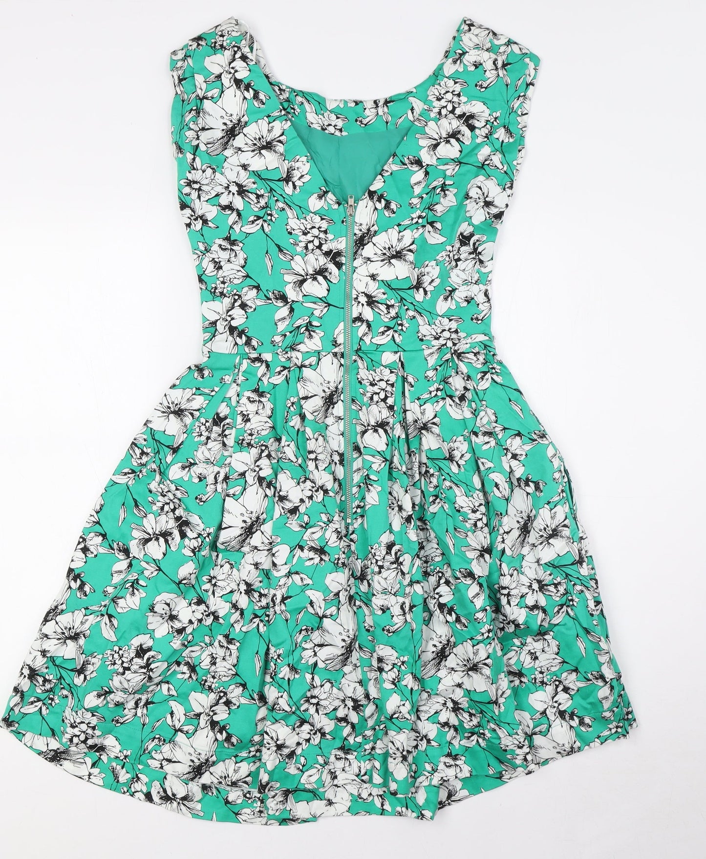 Louche Womens Green Floral Cotton A-Line Size 8 Boat Neck Zip - Pockets