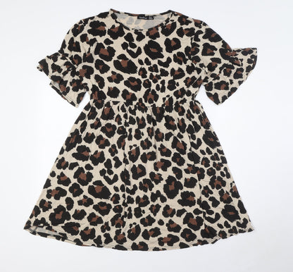 Boohoo Womens Multicoloured Animal Print Viscose A-Line Size 12 Round Neck