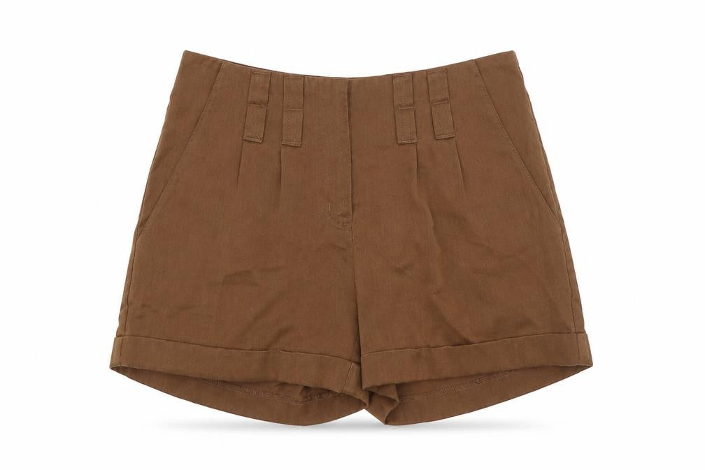 Front view of Vera Moda women’s brown polyester bermuda shorts, size UK 8, 3-inch leg regular zip - turn ups