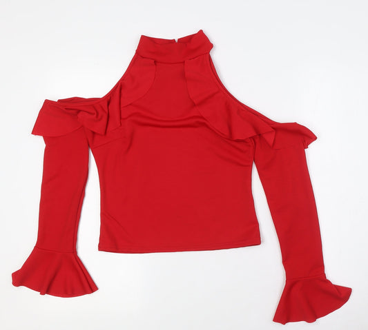 Boohoo Womens Red Polyester Basic Button-Up Size 10 Mock Neck - Cold Shoulder