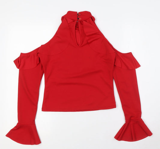 Boohoo Womens Red Polyester Basic Button-Up Size 10 Mock Neck - Cold Shoulder