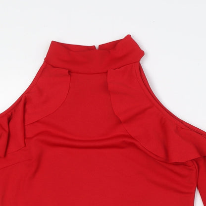 Boohoo Womens Red Polyester Basic Button-Up Size 10 Mock Neck - Cold Shoulder