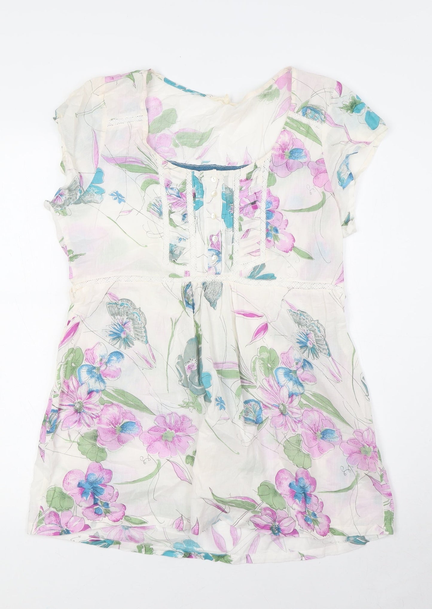 I am happy so Womens Multicoloured Floral Cotton Basic Button-Up Size 12 Scoop Neck