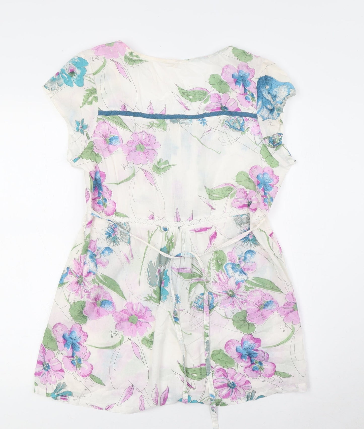 I am happy so Womens Multicoloured Floral Cotton Basic Button-Up Size 12 Scoop Neck