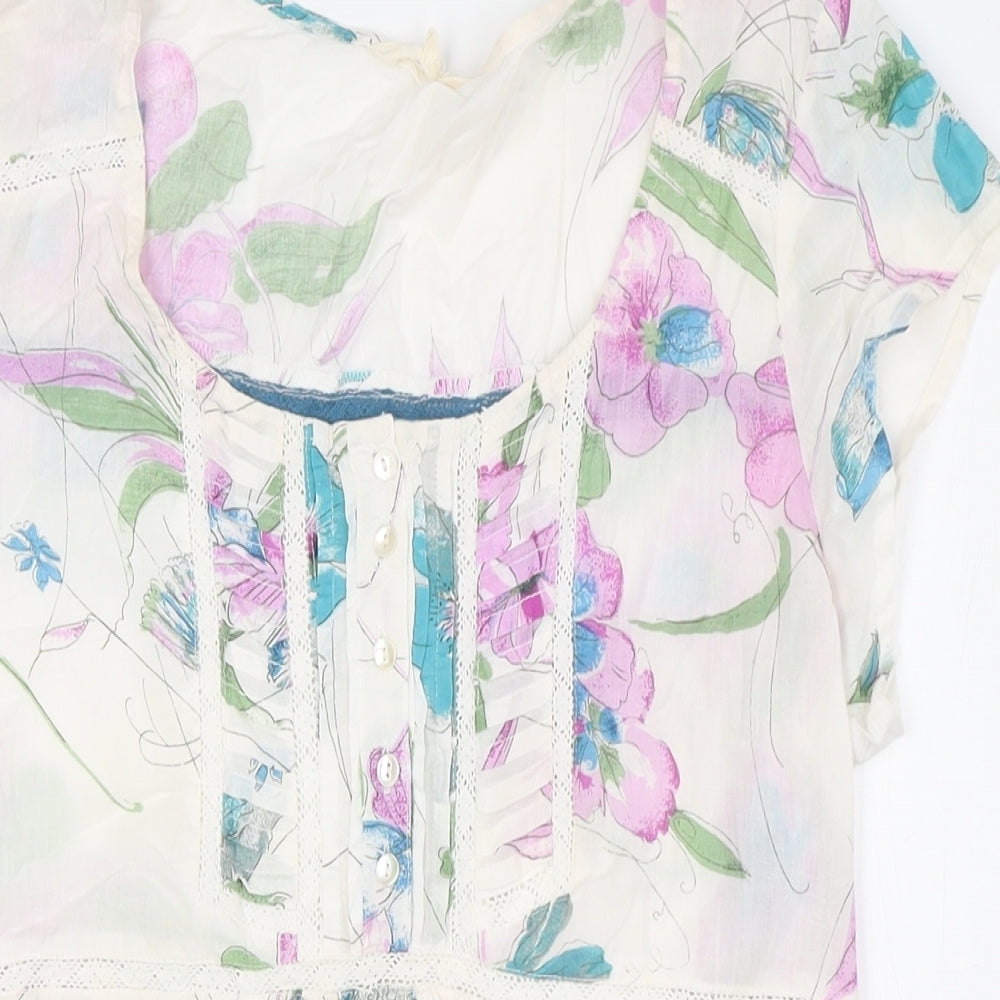 I am happy so Womens Multicoloured Floral Cotton Basic Button-Up Size 12 Scoop Neck